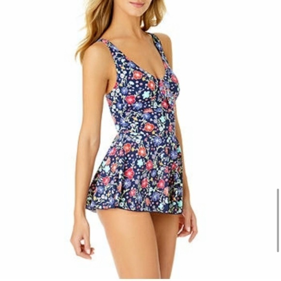 Liz Claiborne Floral Navy Colorful Skirt One Piece Swimsuit Bow Detail Adorable - Picture 3 of 14
